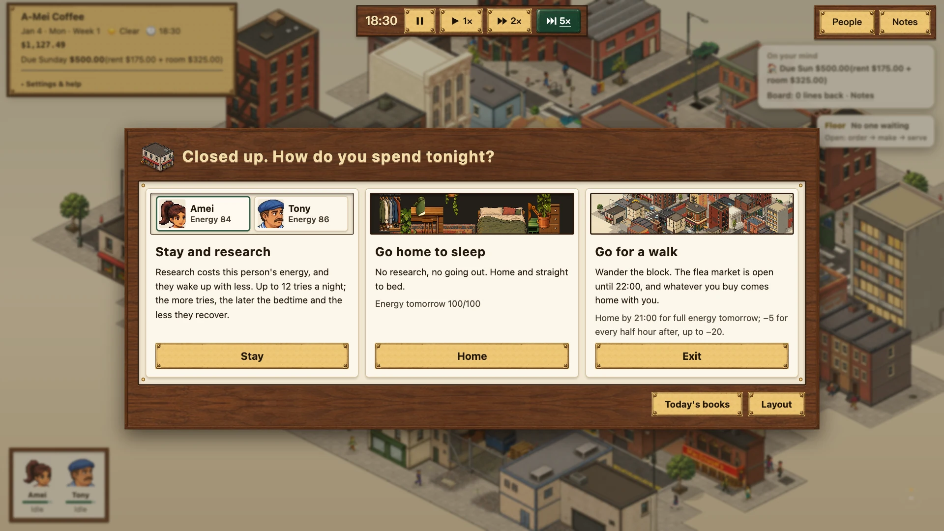 The end-of-day choice: stay and research, go home to sleep, or go for a walk
